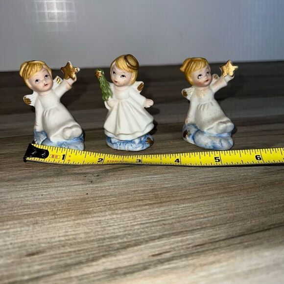 Vintage Set Of 3 Porcelain Bisque Christmas Angels Holiday Christmas Tree Star - Picture 3 of 8
